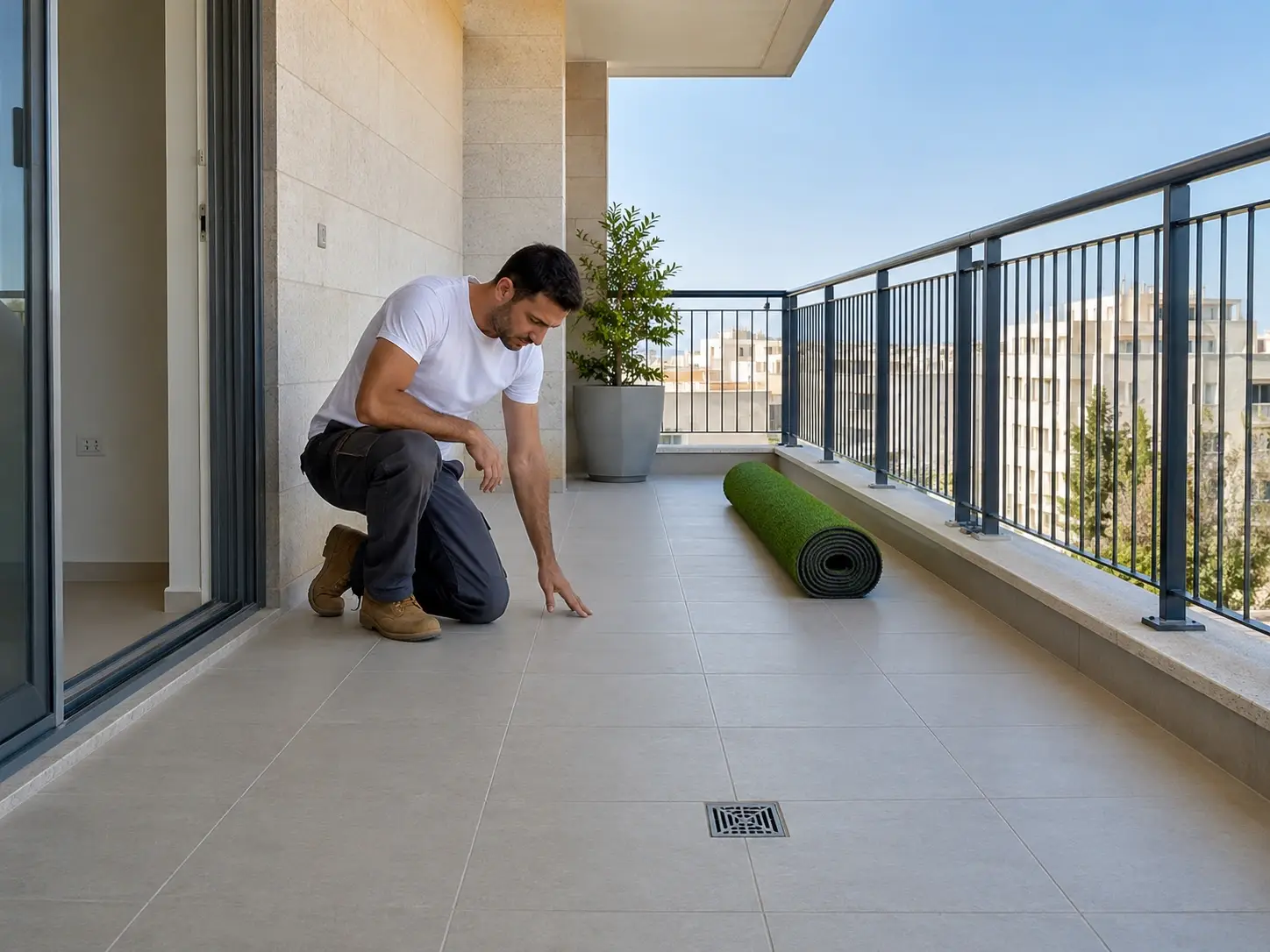הכנת מרפסת להתקנת דשא סינטטי עם גליל דשא ופתח ניקוז פתוח