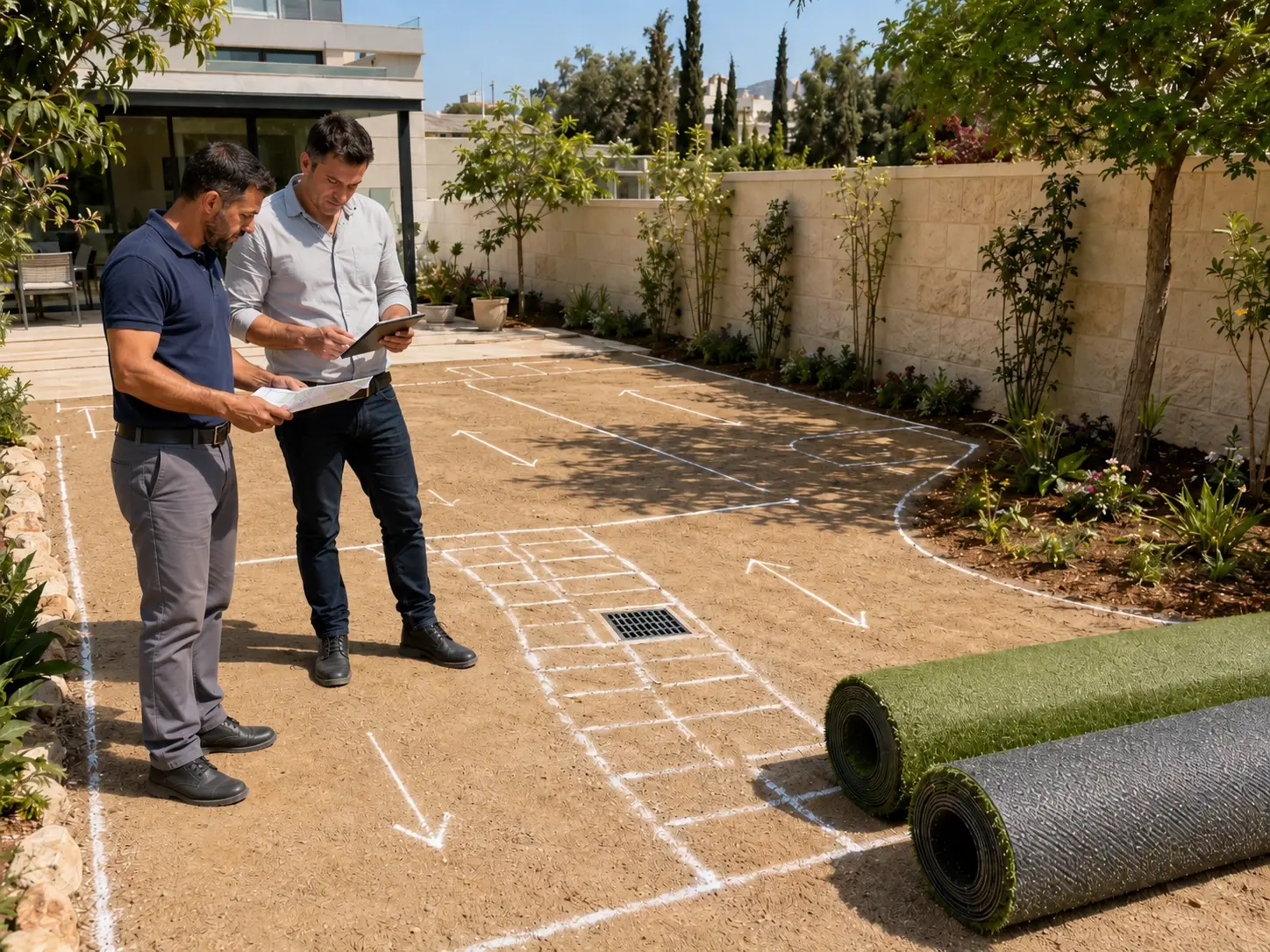 תכנון התקנת דשא סינטטי בגינה עם סימוני שטח וגלילי דשא מוכנים לפריסה
