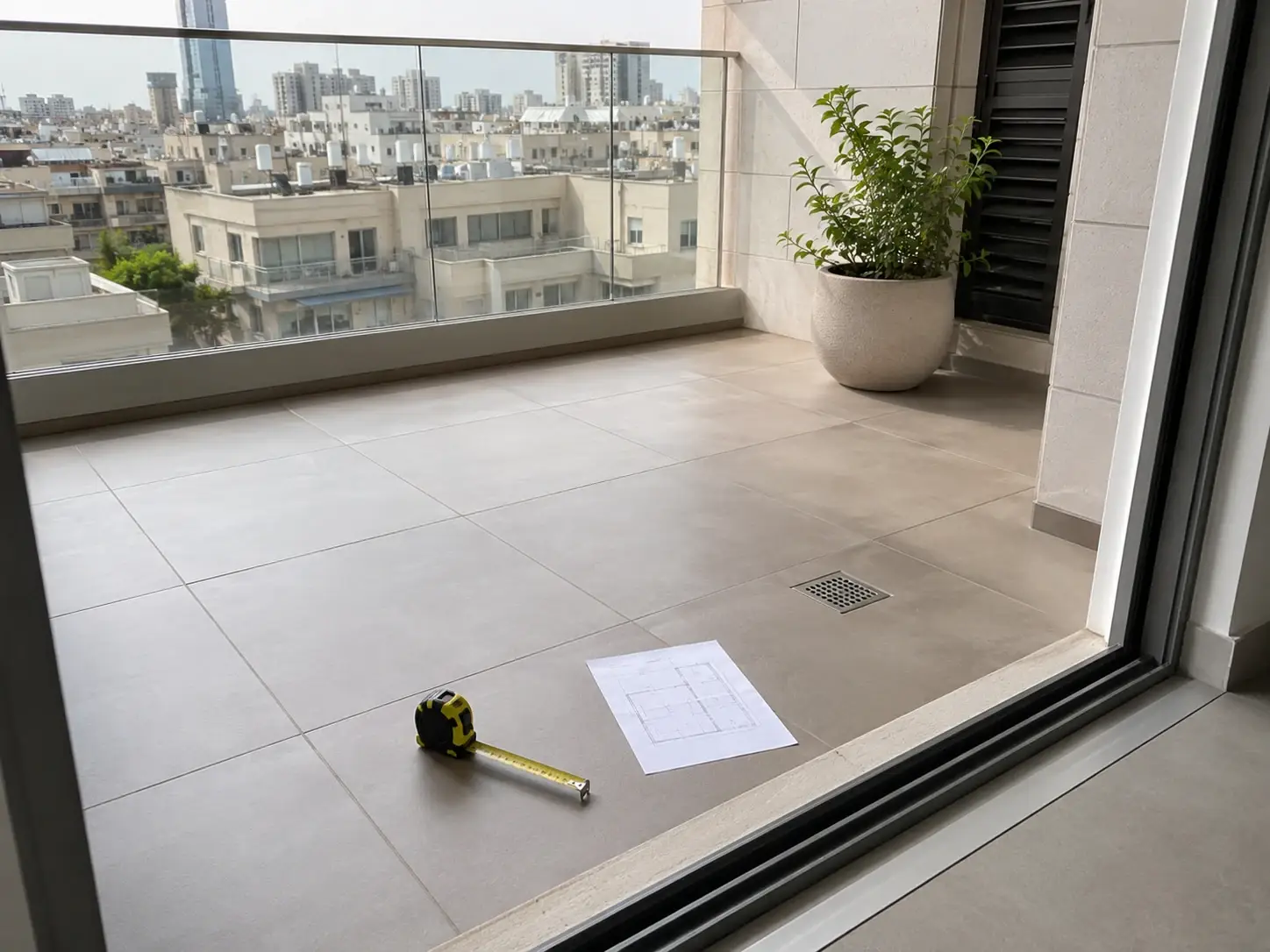 מרפסת מרוצפת לפני התקנת דשא סינטטי, עם סרט מדידה, סף דלת ופתח ניקוז גלוי